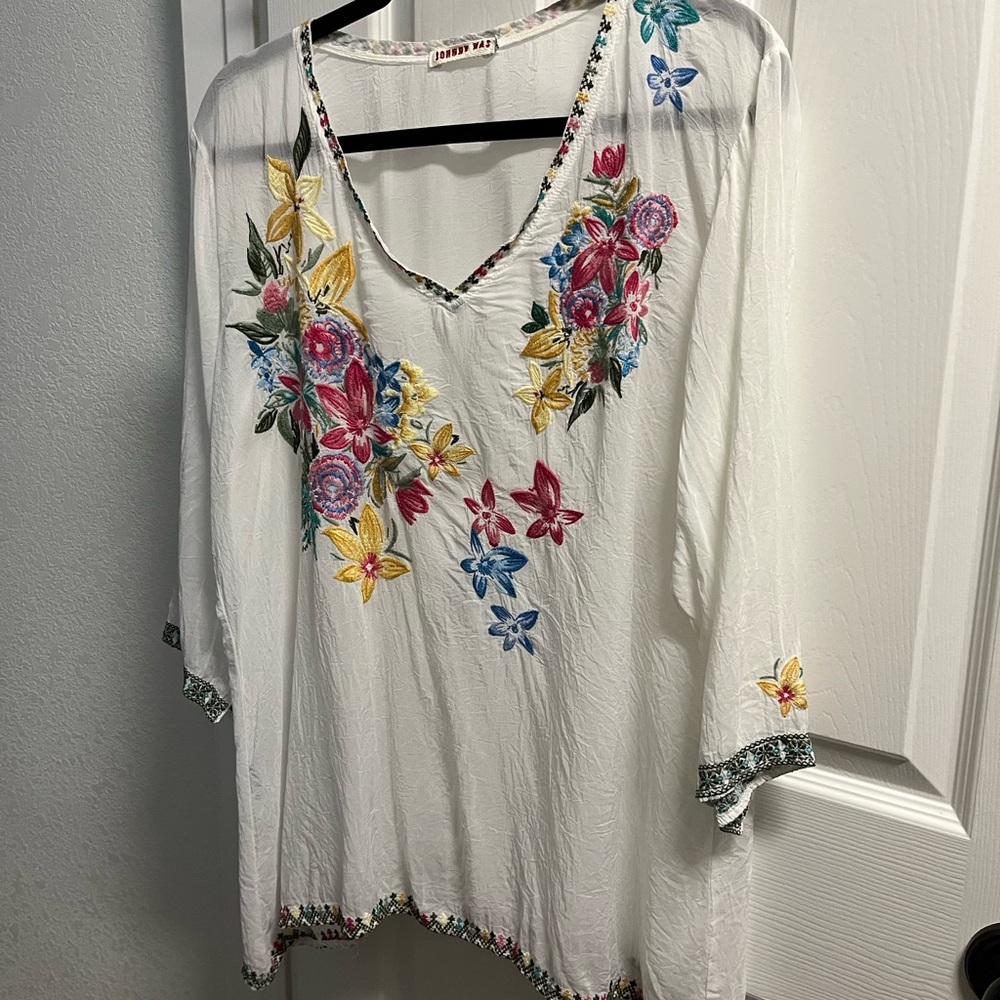 Johnny Was white Embroidered 3/4 Sleeve Tunic XL